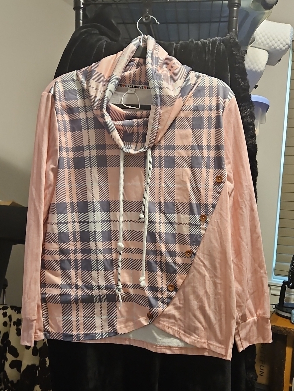 ExclusiveLMSM Pink and Navy Plaid Cowl Neck Pullover